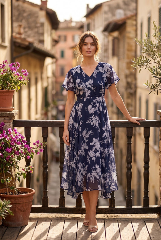 Souchii Women’s Navy Blue Floral Chiffon Midi Dress – Elegant Fit & Flare Dress with Full Soft Lining | Party, Vacation & Occasion Wear