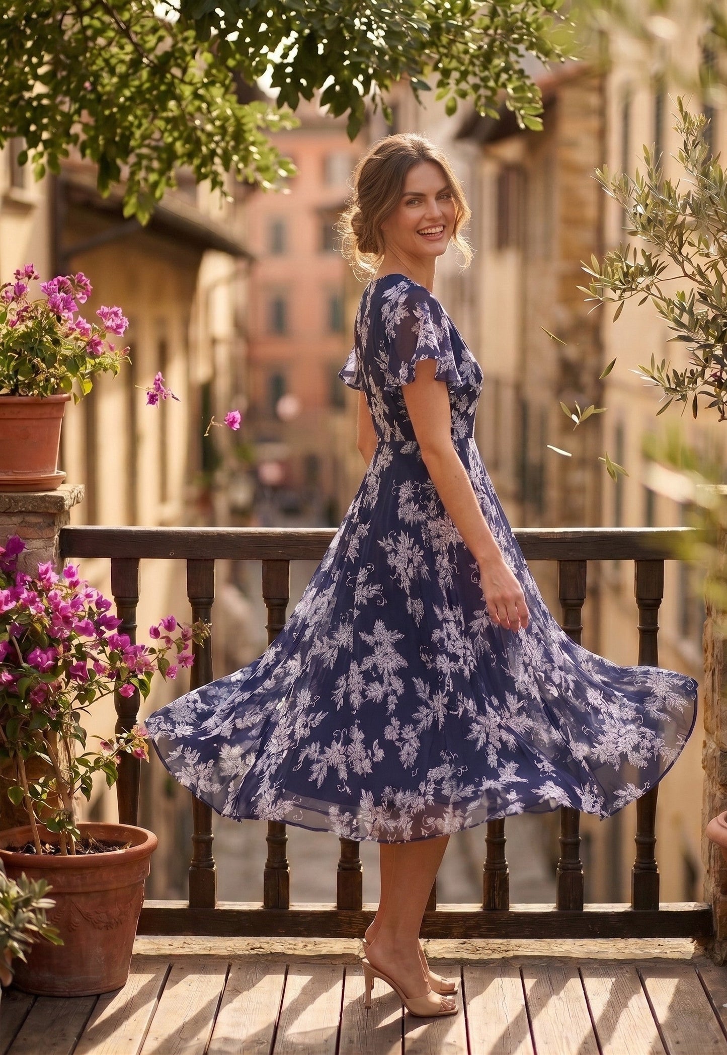 Souchii Women’s Navy Blue Floral Chiffon Midi Dress – Elegant Fit & Flare Dress with Full Soft Lining | Party, Vacation & Occasion Wear