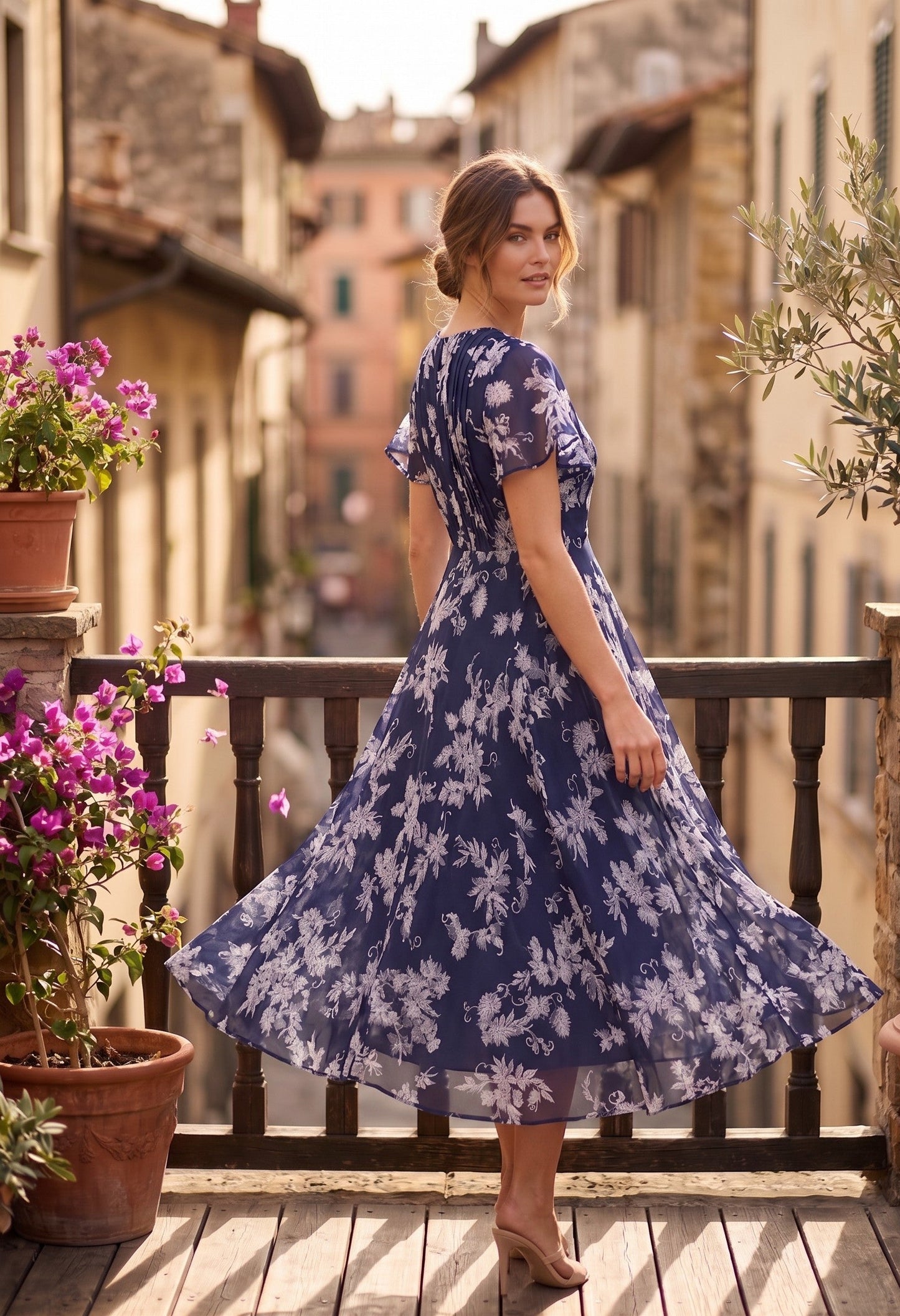 Souchii Women’s Navy Blue Floral Chiffon Midi Dress – Elegant Fit & Flare Dress with Full Soft Lining | Party, Vacation & Occasion Wear