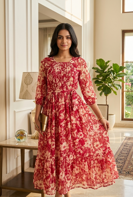 Souchii Women’s Red Floral Midi Dress – Elegant Fit & Flare Dress | Soft Flowy Occasion & Party Wear