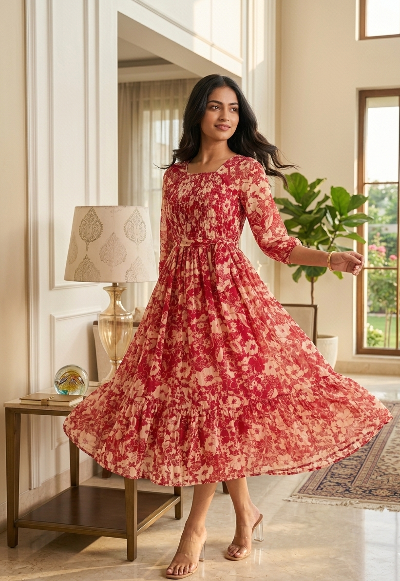 Souchii Women’s Red Floral Midi Dress – Elegant Fit & Flare Dress | Soft Flowy Occasion & Party Wear
