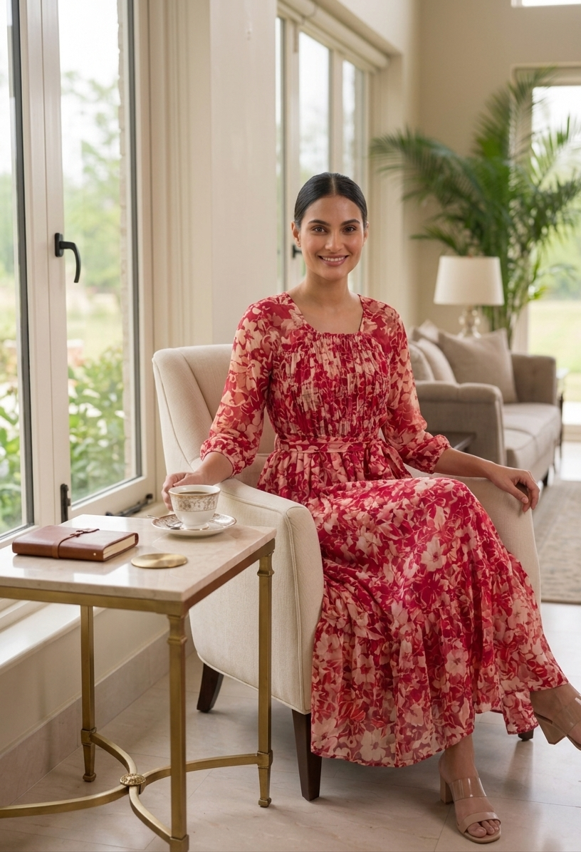 Souchii Women’s Red Floral Midi Dress – Elegant Fit & Flare Dress | Soft Flowy Occasion & Party Wear