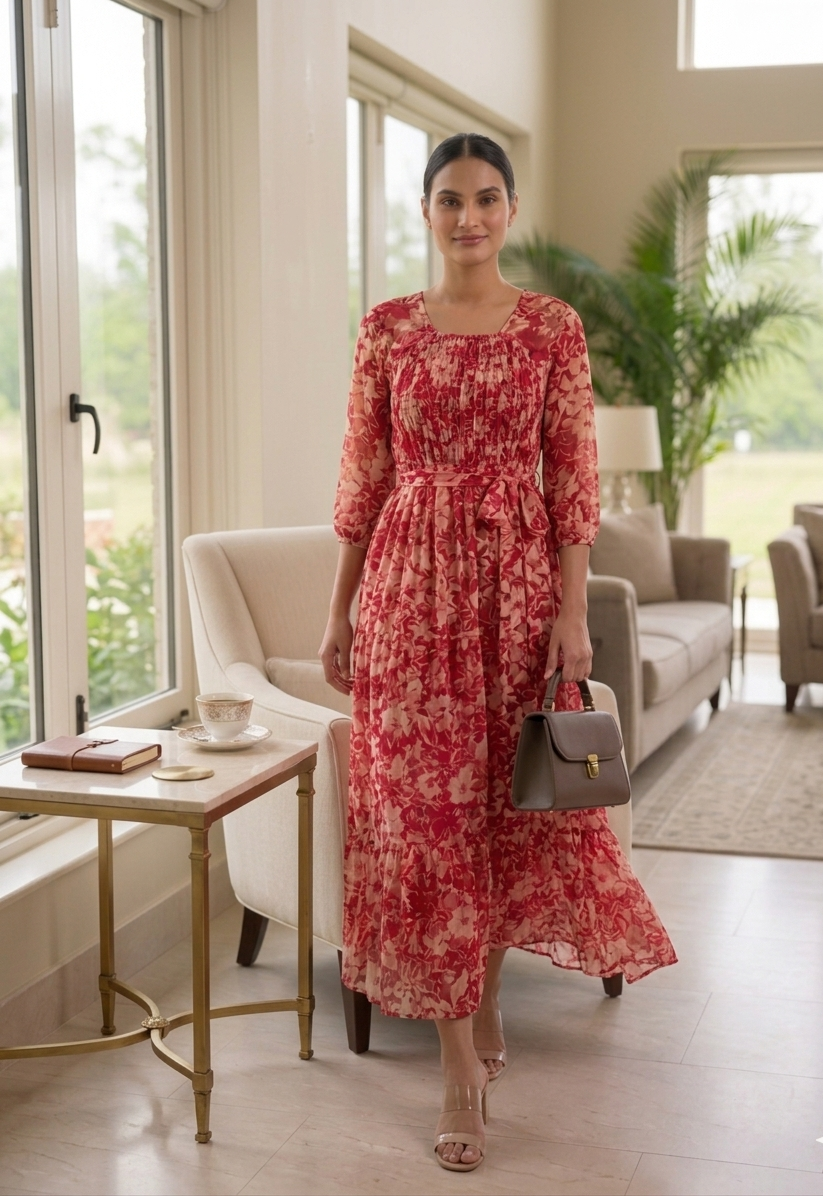 Souchii Women’s Red Floral Midi Dress – Elegant Fit & Flare Dress | Soft Flowy Occasion & Party Wear