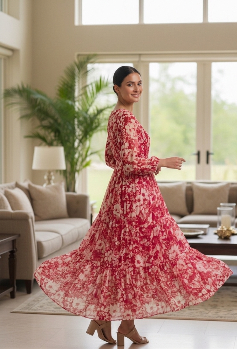 Souchii Women’s Red Floral Midi Dress – Elegant Fit & Flare Dress | Soft Flowy Occasion & Party Wear