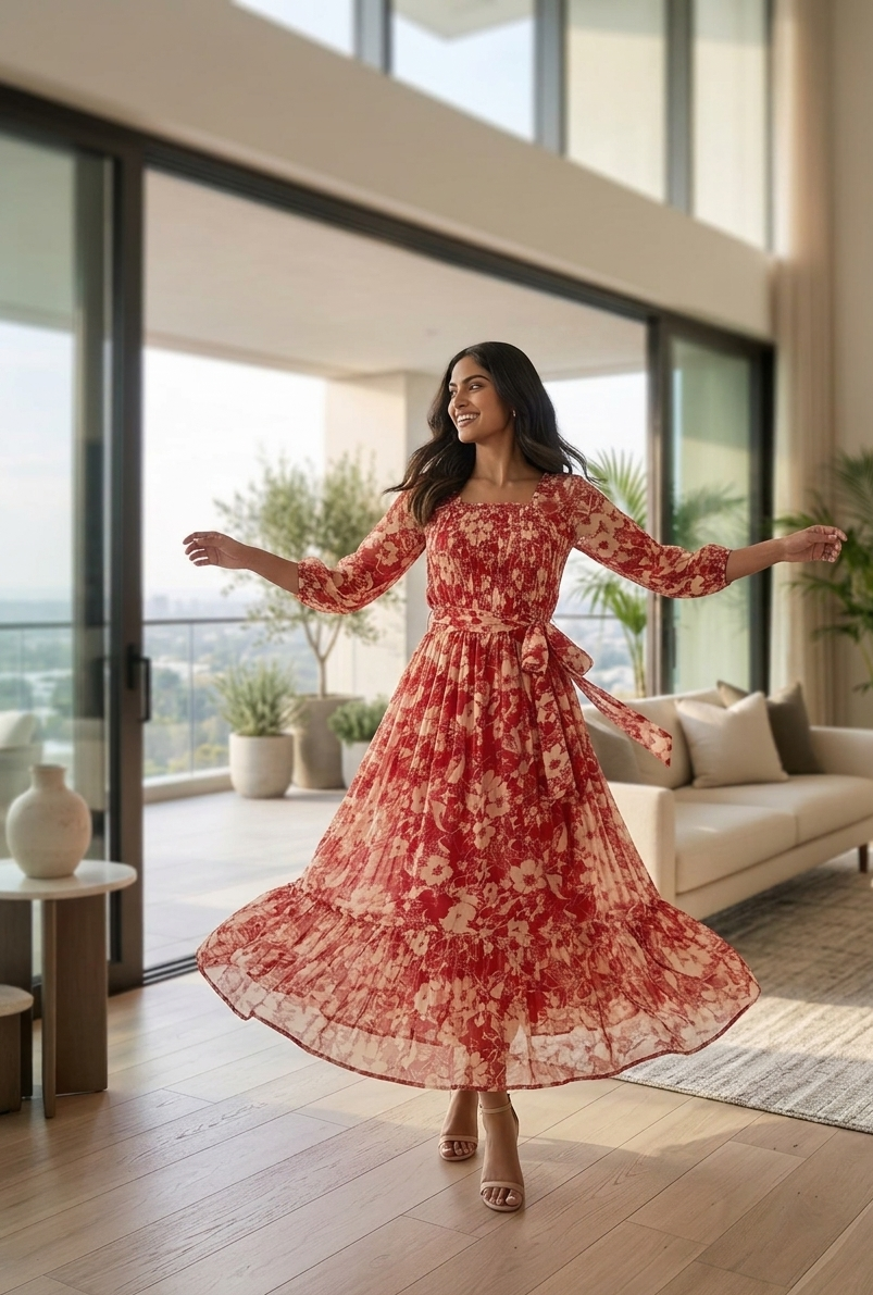 Souchii Women’s Red Floral Midi Dress – Elegant Fit & Flare Dress | Soft Flowy Occasion & Party Wear