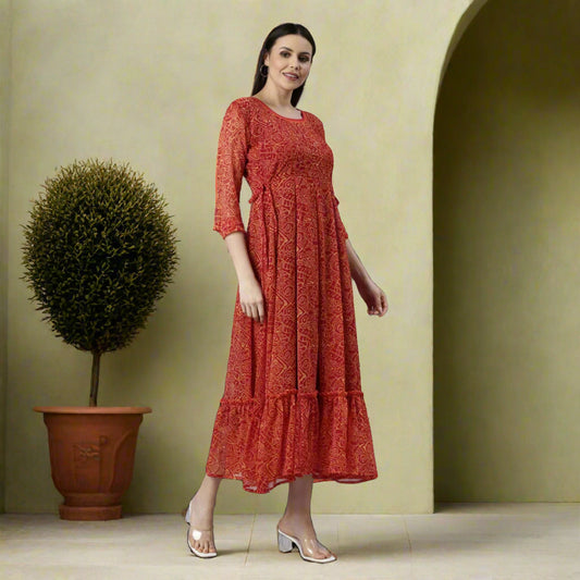 Fit & Flare Dress – Red Abstract Printed | Souchii
