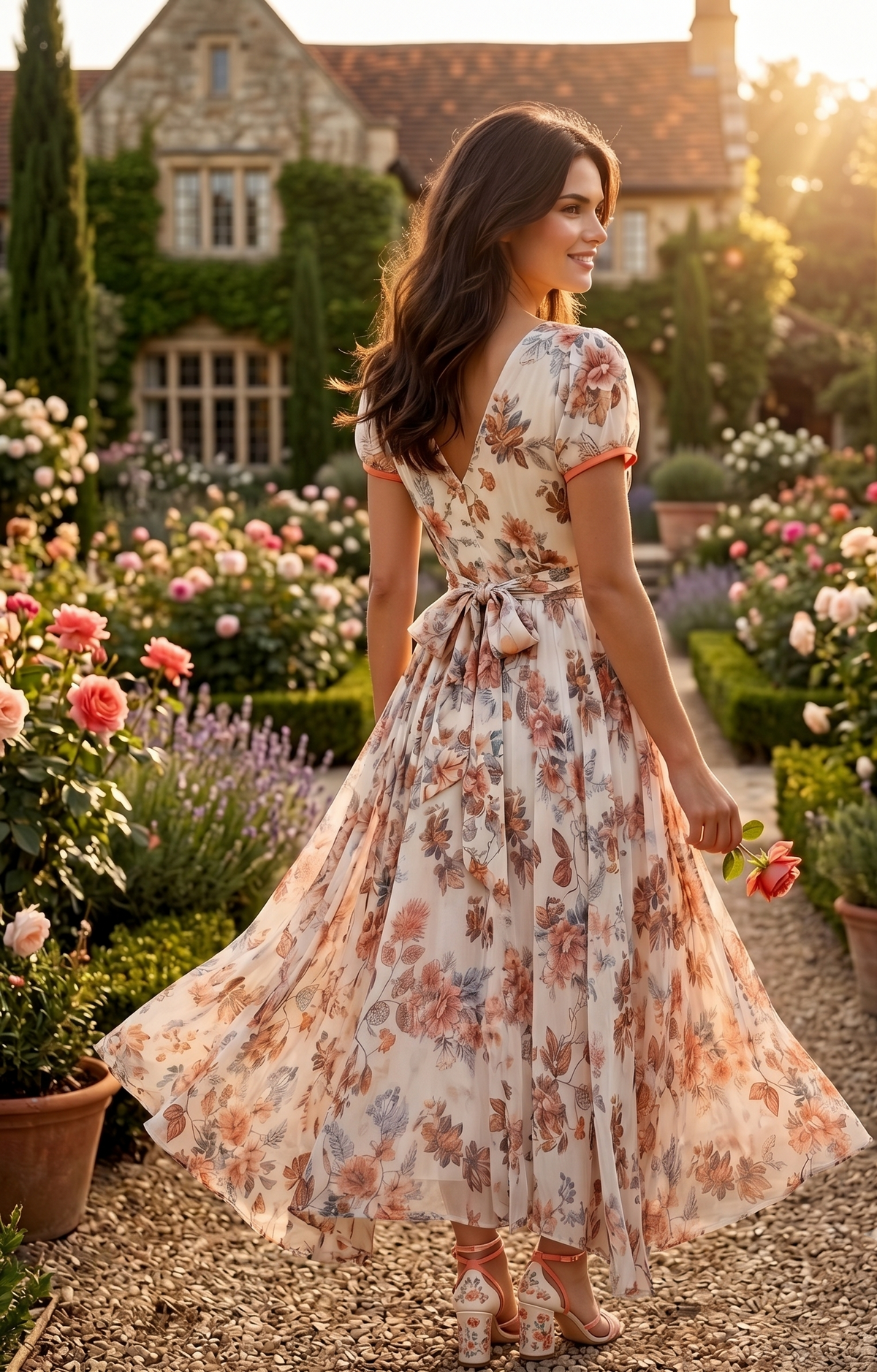 Souchii Floral Fit & Flare Midi Dress for Women – V-Neck Short Sleeve Elegant Dress