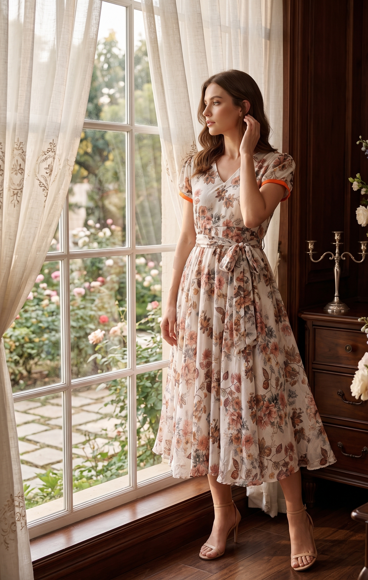 Souchii Floral Fit & Flare Midi Dress for Women – V-Neck Short Sleeve Elegant Dress