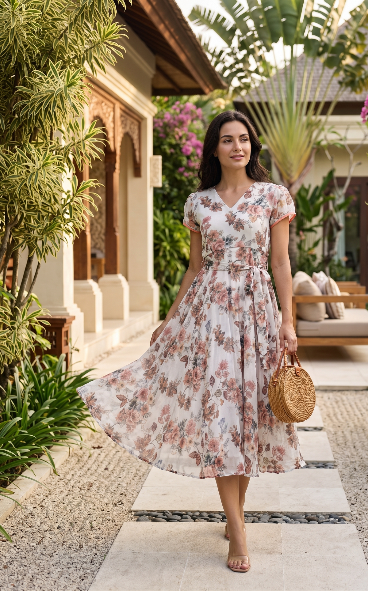Souchii Floral Fit & Flare Midi Dress for Women – V-Neck Short Sleeve Elegant Dress