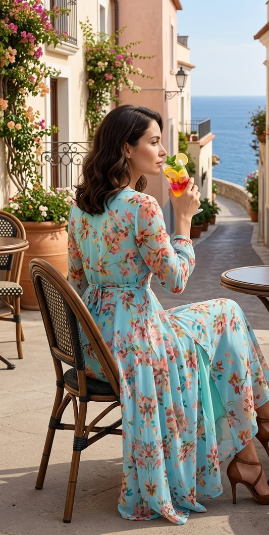Aqua Blue Floral Midi Dress with Front Slits and Flared Skirt – Souchii