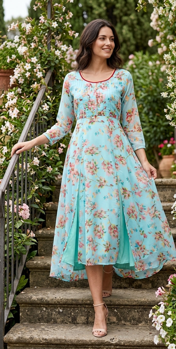 Aqua Blue Floral Midi Dress with Front Slits and Flared Skirt – Souchii