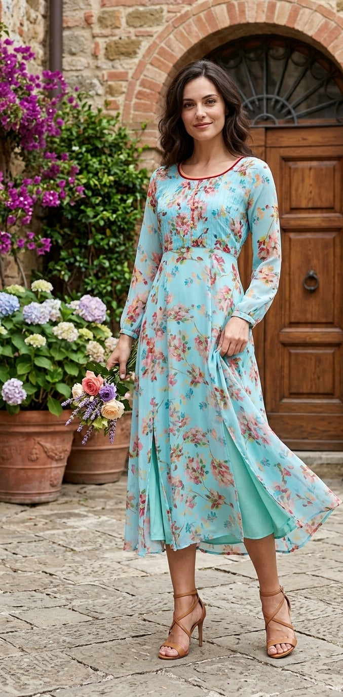 Aqua Blue Floral Midi Dress with Front Slits and Flared Skirt – Souchii