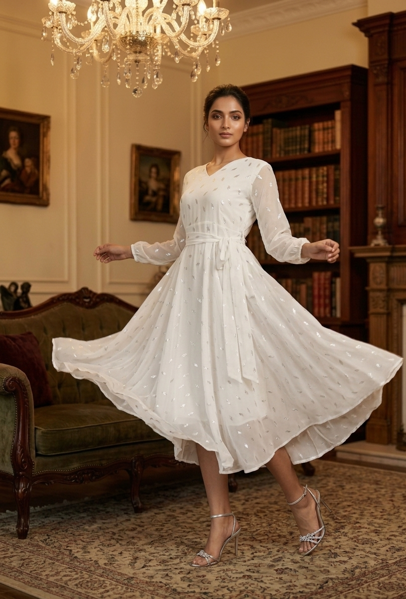 Souchii White Silver Embellished Chiffon Party Dress