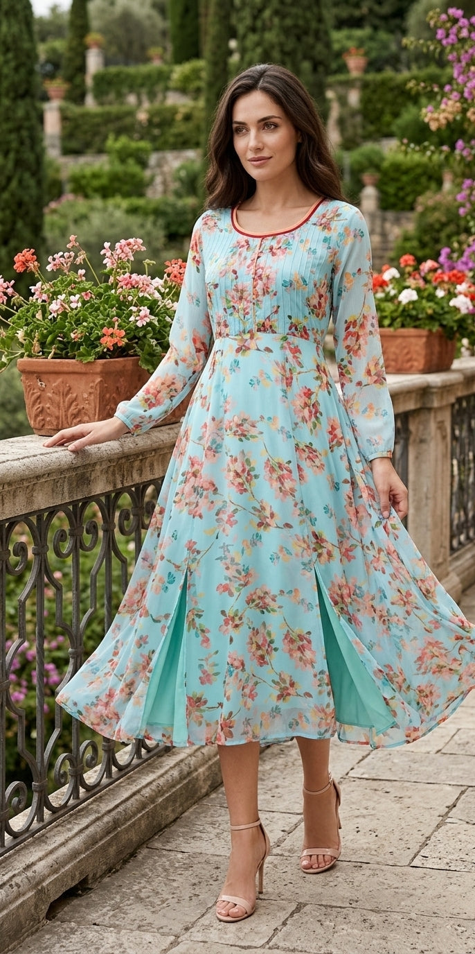 Aqua Blue Floral Midi Dress with Front Slits and Flared Skirt – Souchii