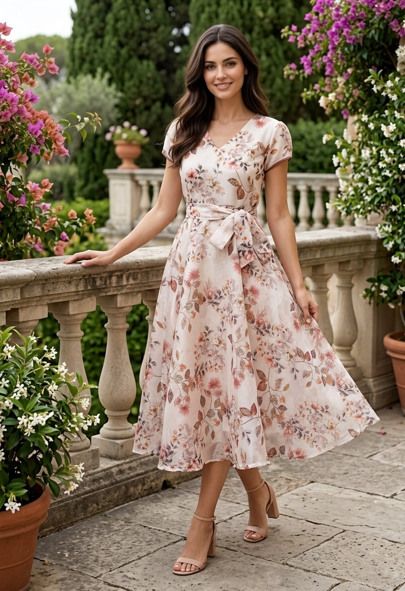 Women’s Floral Print Fit and Flare Midi Dress with Waist Tie – Souchii