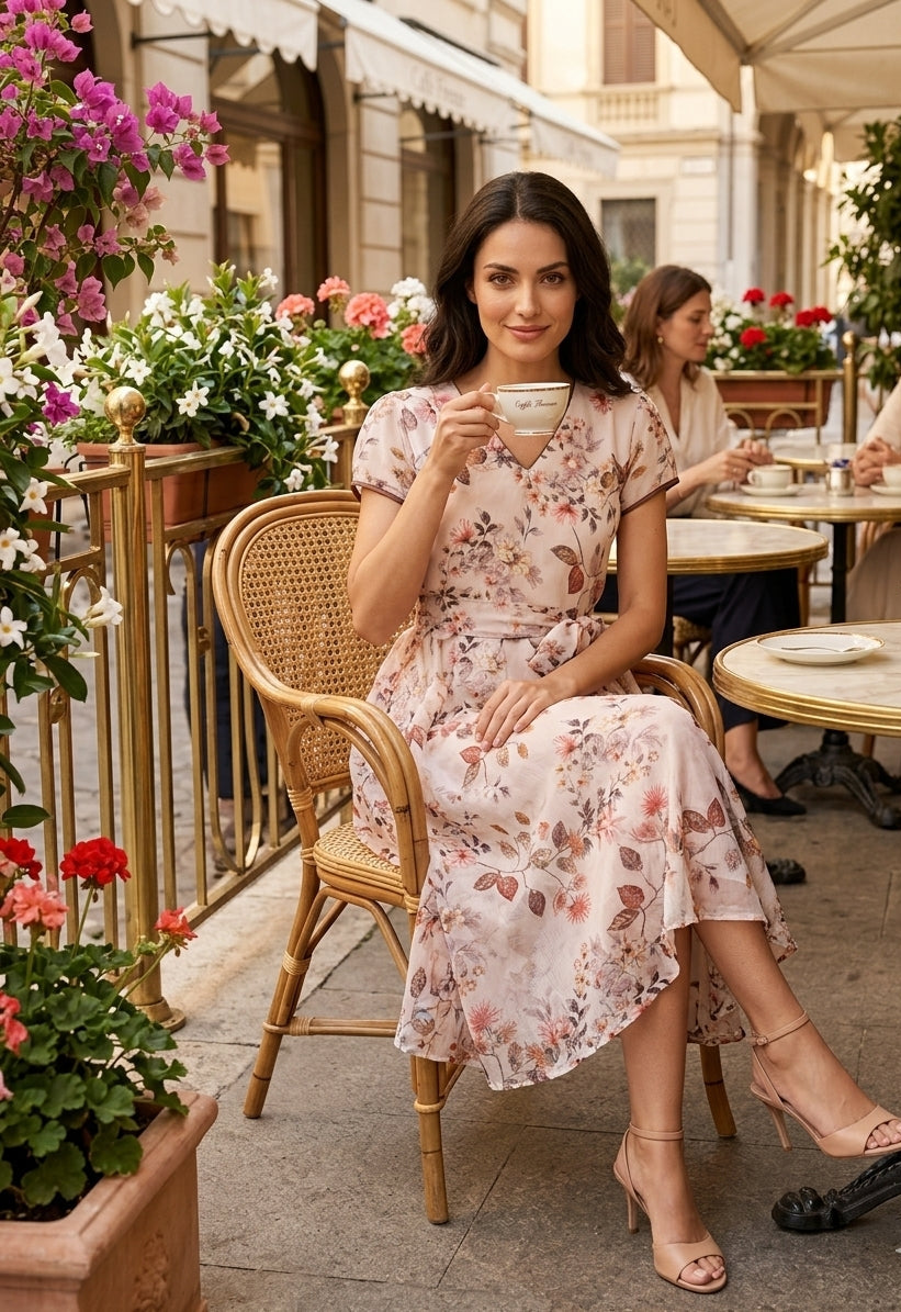 Women’s Floral Print Fit and Flare Midi Dress with Waist Tie – Souchii