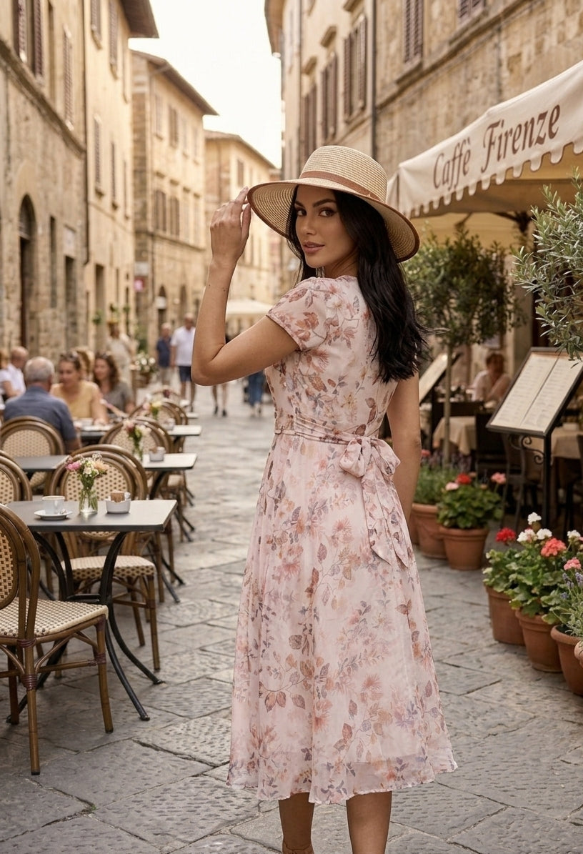 Women’s Floral Print Fit and Flare Midi Dress with Waist Tie – Souchii