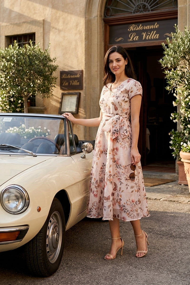 Women’s Floral Print Fit and Flare Midi Dress with Waist Tie – Souchii