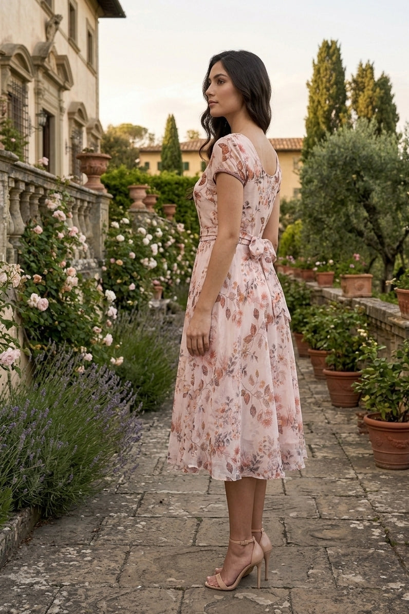 Women’s Floral Print Fit and Flare Midi Dress with Waist Tie – Souchii