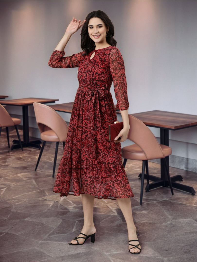 Fit & Flare Dress – Maroon Floral Print Empire Line | Souchii