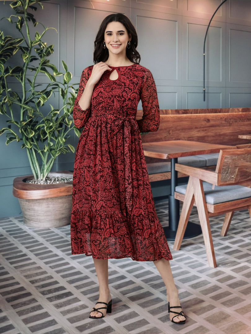 Fit & Flare Dress – Maroon Floral Print Empire Line | Souchii