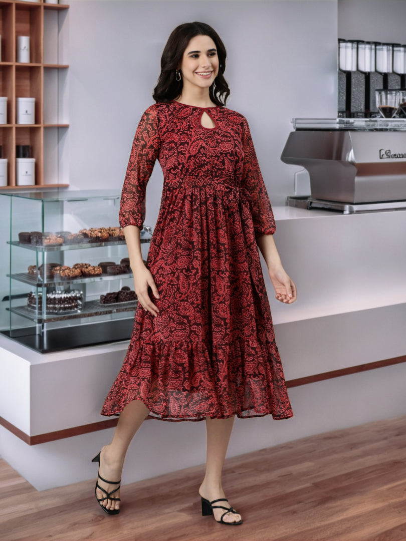 Fit & Flare Dress – Maroon Floral Print Empire Line | Souchii