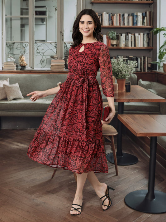 Fit & Flare Dress – Maroon Floral Print Empire Line | Souchii