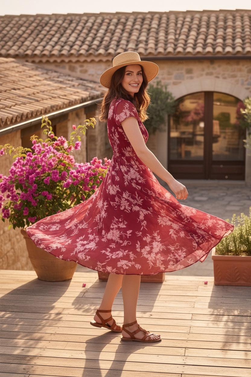 Souchii Women’s Maroon Floral Chiffon Midi Dress – Fit & Flare Flowy Dress
