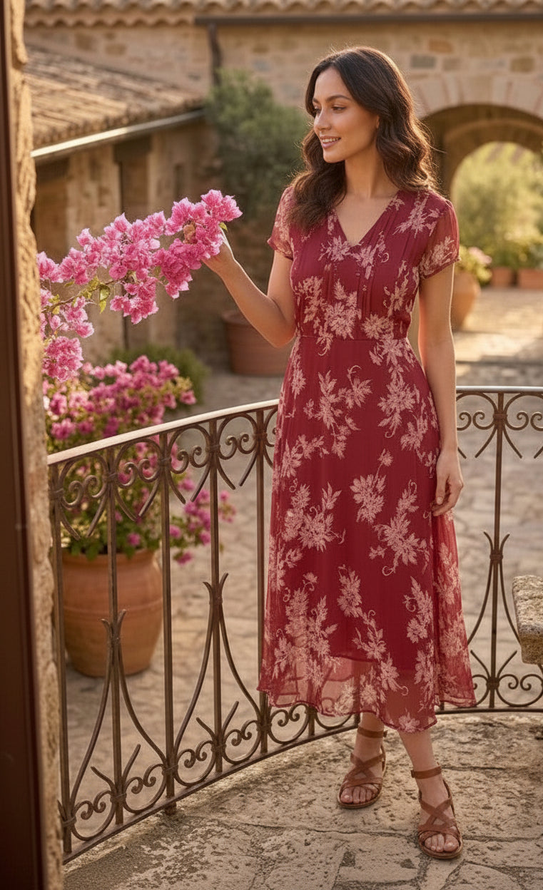 Souchii Women’s Maroon Floral Chiffon Midi Dress – Fit & Flare Flowy Dress