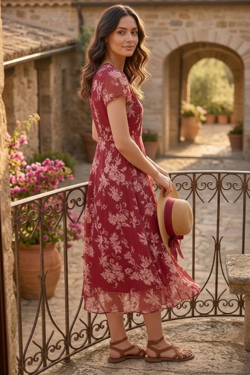 Souchii Women’s Maroon Floral Chiffon Midi Dress – Fit & Flare Flowy Dress