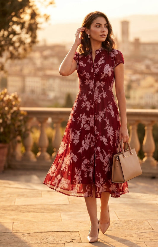 Souchii Women's Maroon Floral Printed Chiffon Midi Dress | Elegant Mandarin Collar Fit & Flare Dress
