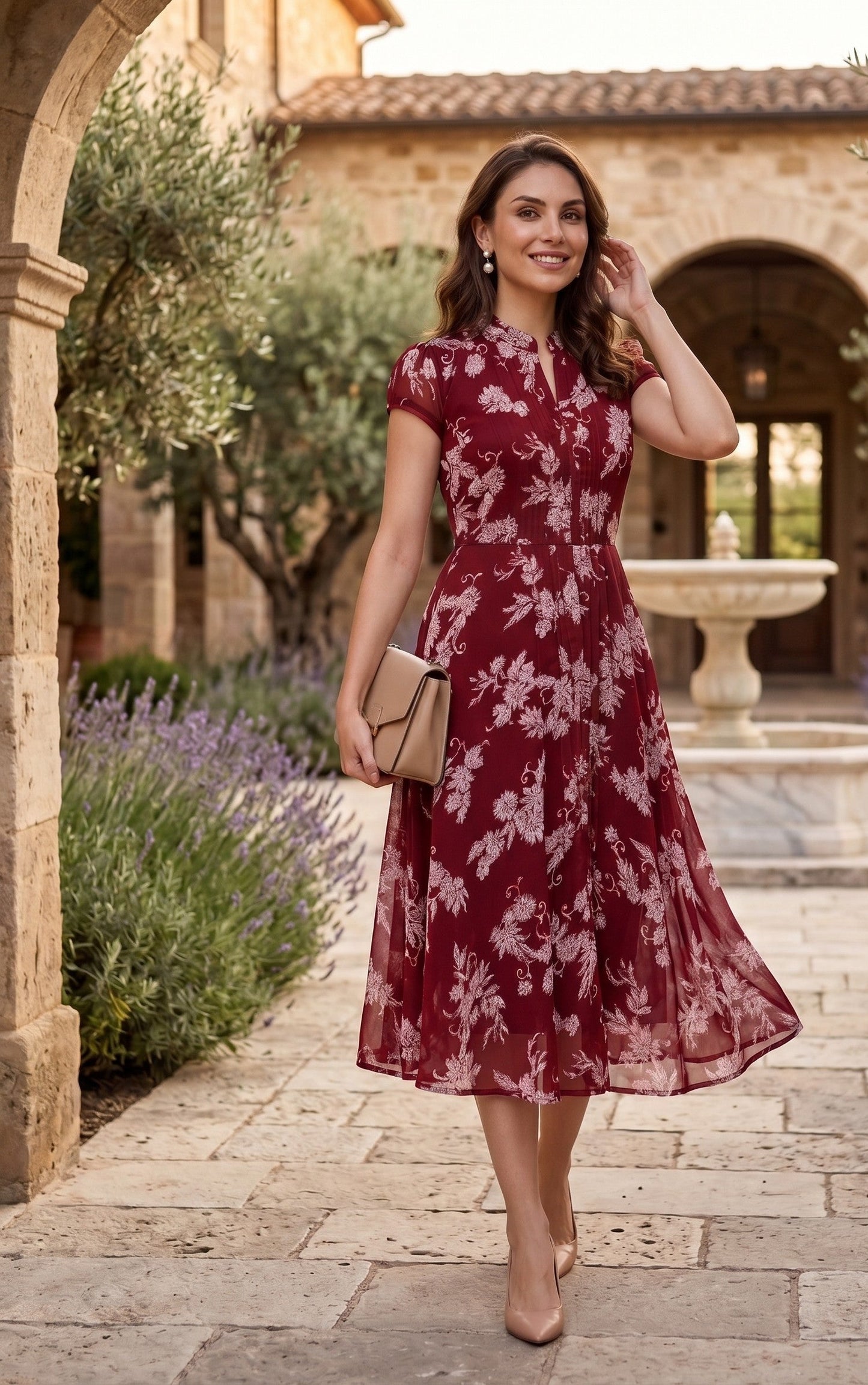 Souchii Women's Maroon Floral Printed Chiffon Midi Dress | Elegant Mandarin Collar Fit & Flare Dress