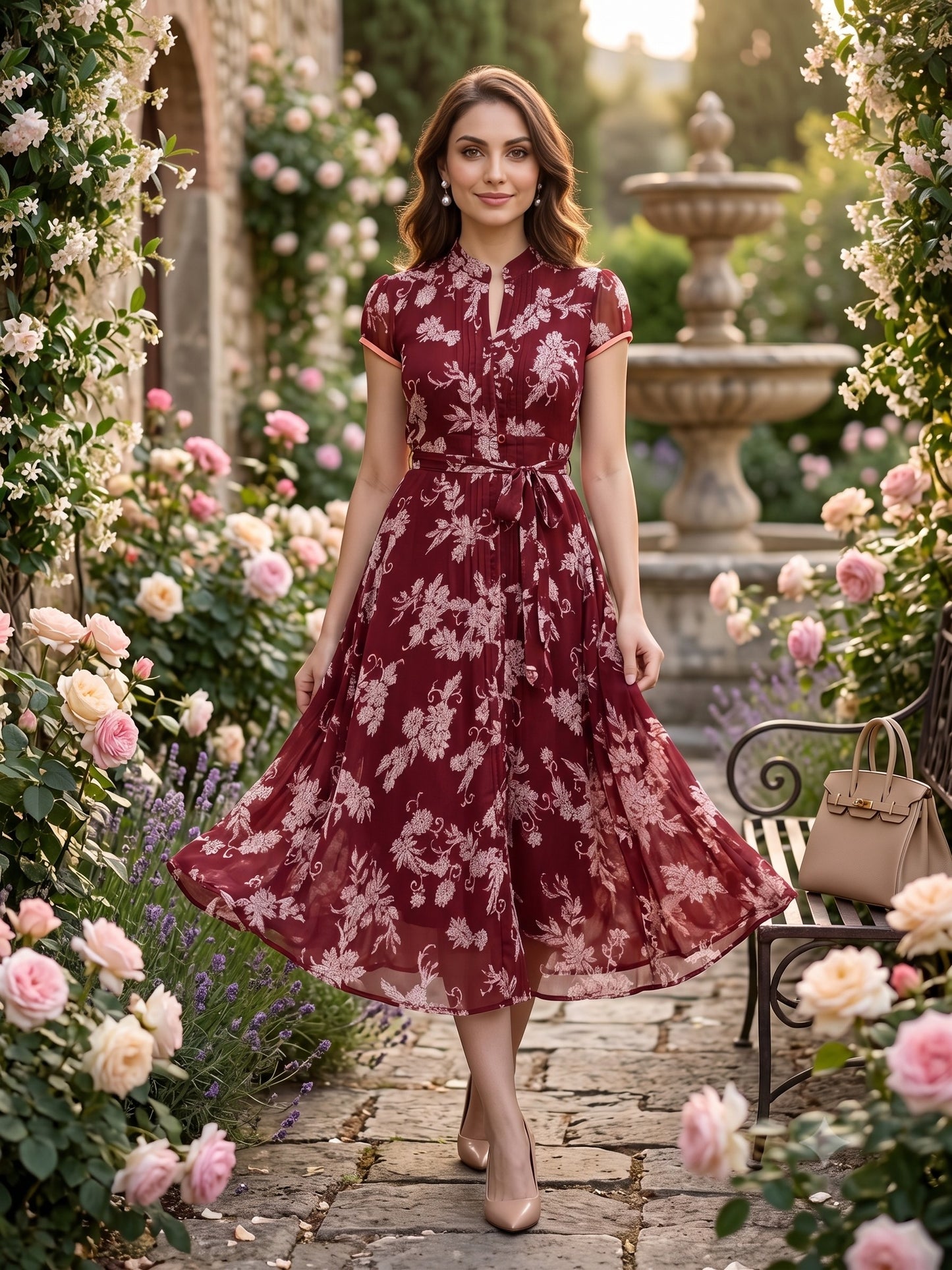 Souchii Women's Maroon Floral Printed Chiffon Midi Dress | Elegant Mandarin Collar Fit & Flare Dress