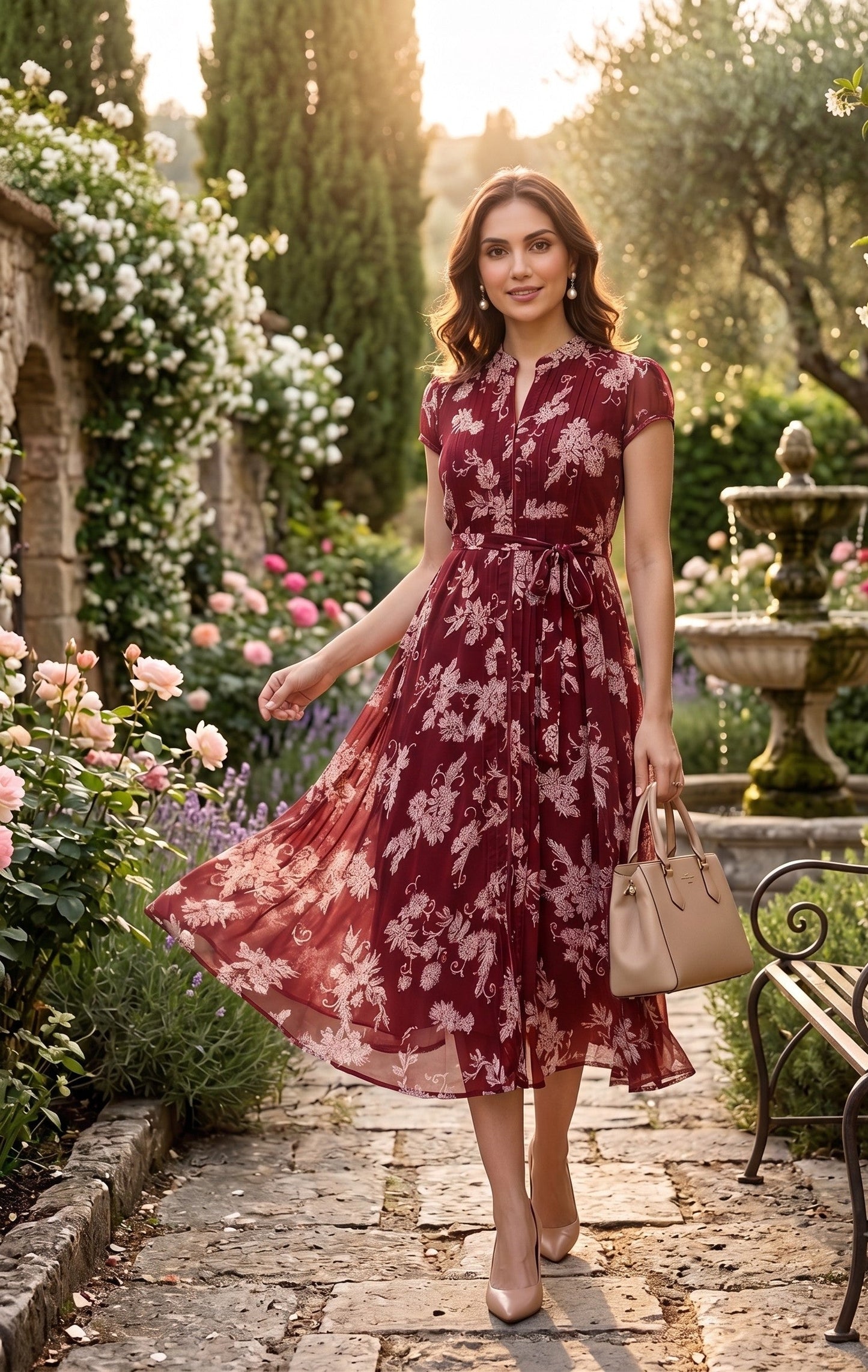 Souchii Women's Maroon Floral Printed Chiffon Midi Dress | Elegant Mandarin Collar Fit & Flare Dress