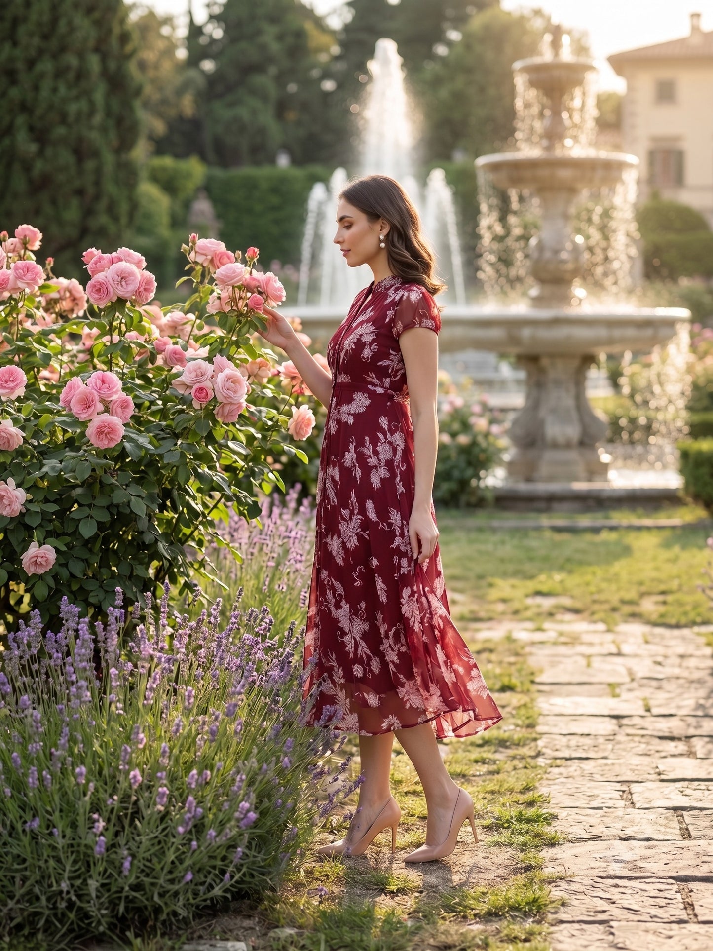 Souchii Women's Maroon Floral Printed Chiffon Midi Dress | Elegant Mandarin Collar Fit & Flare Dress