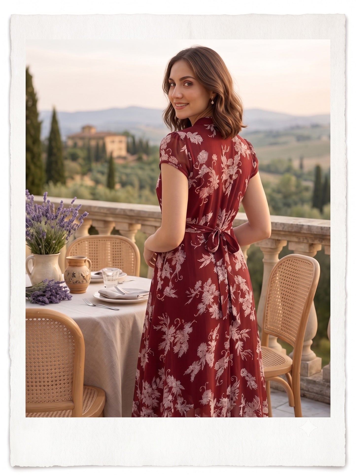 Souchii Women's Maroon Floral Printed Chiffon Midi Dress | Elegant Mandarin Collar Fit & Flare Dress