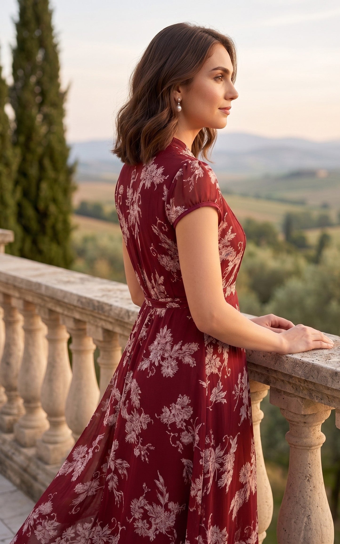 Souchii Women's Maroon Floral Printed Chiffon Midi Dress | Elegant Mandarin Collar Fit & Flare Dress