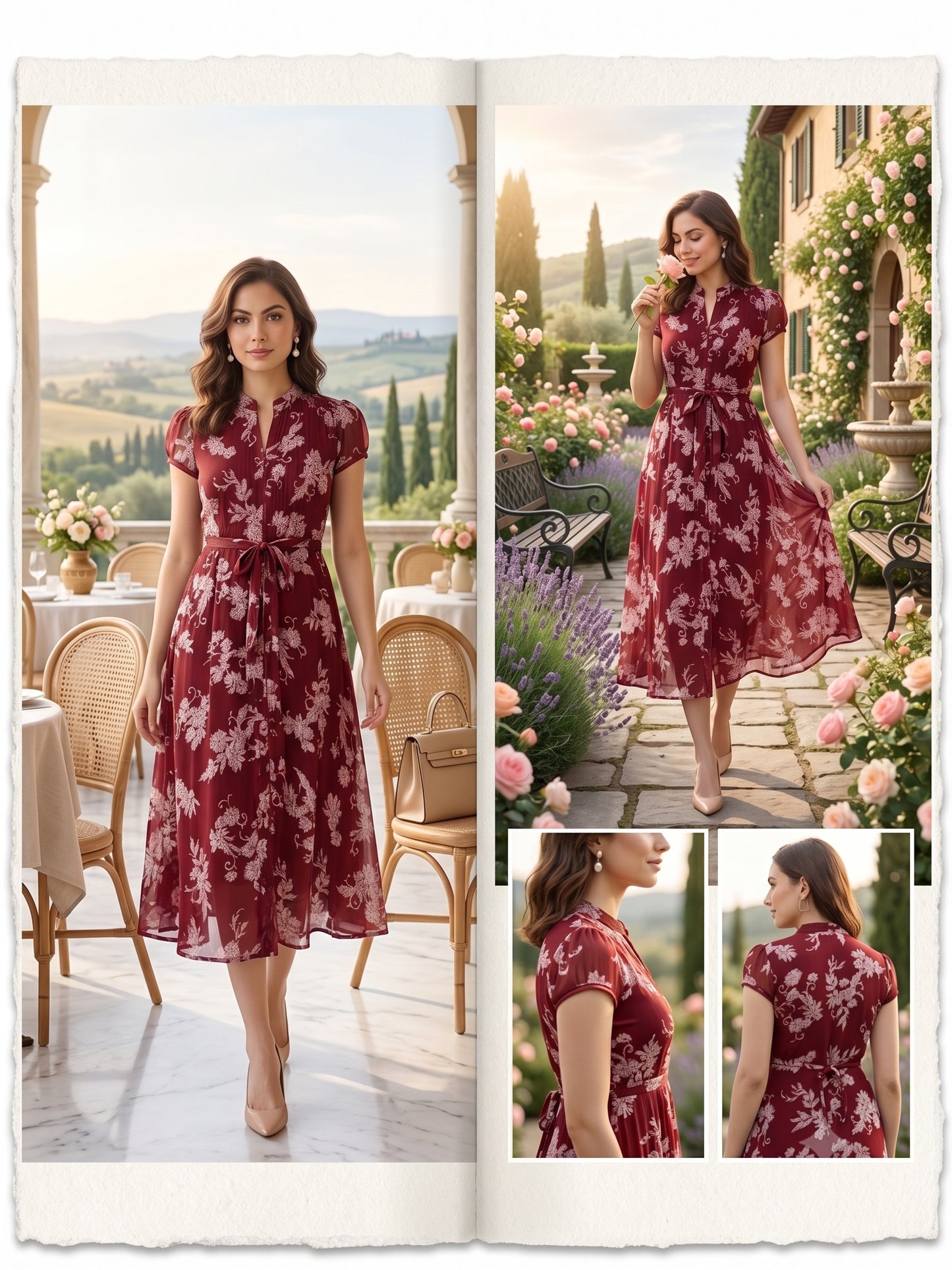 Souchii Women's Maroon Floral Printed Chiffon Midi Dress | Elegant Mandarin Collar Fit & Flare Dress