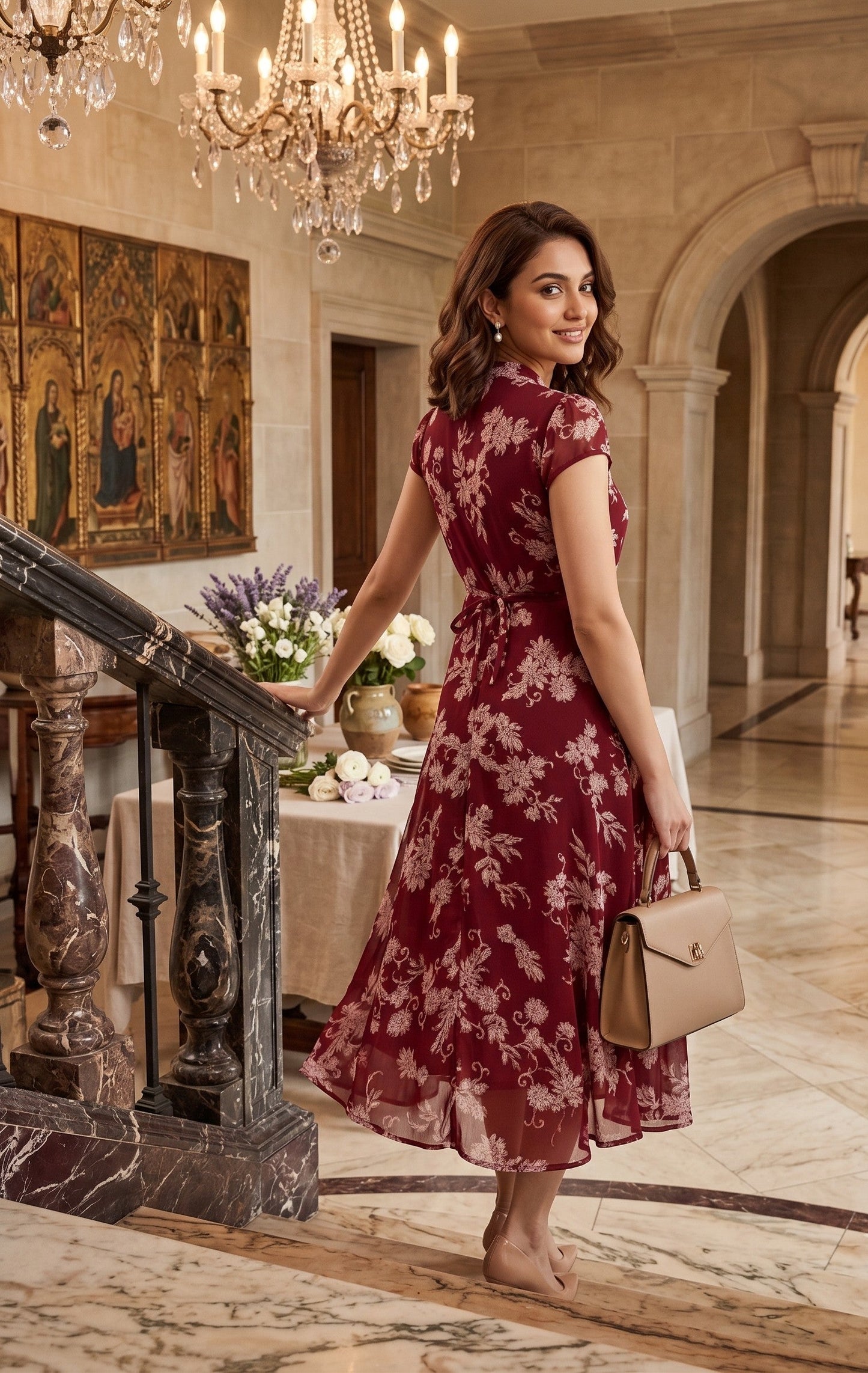 Souchii Women's Maroon Floral Printed Chiffon Midi Dress | Elegant Mandarin Collar Fit & Flare Dress