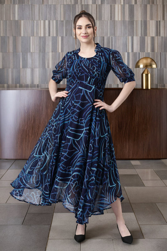 Fit & Flare Dress – Navy Blue Abstract Printed | Souchii