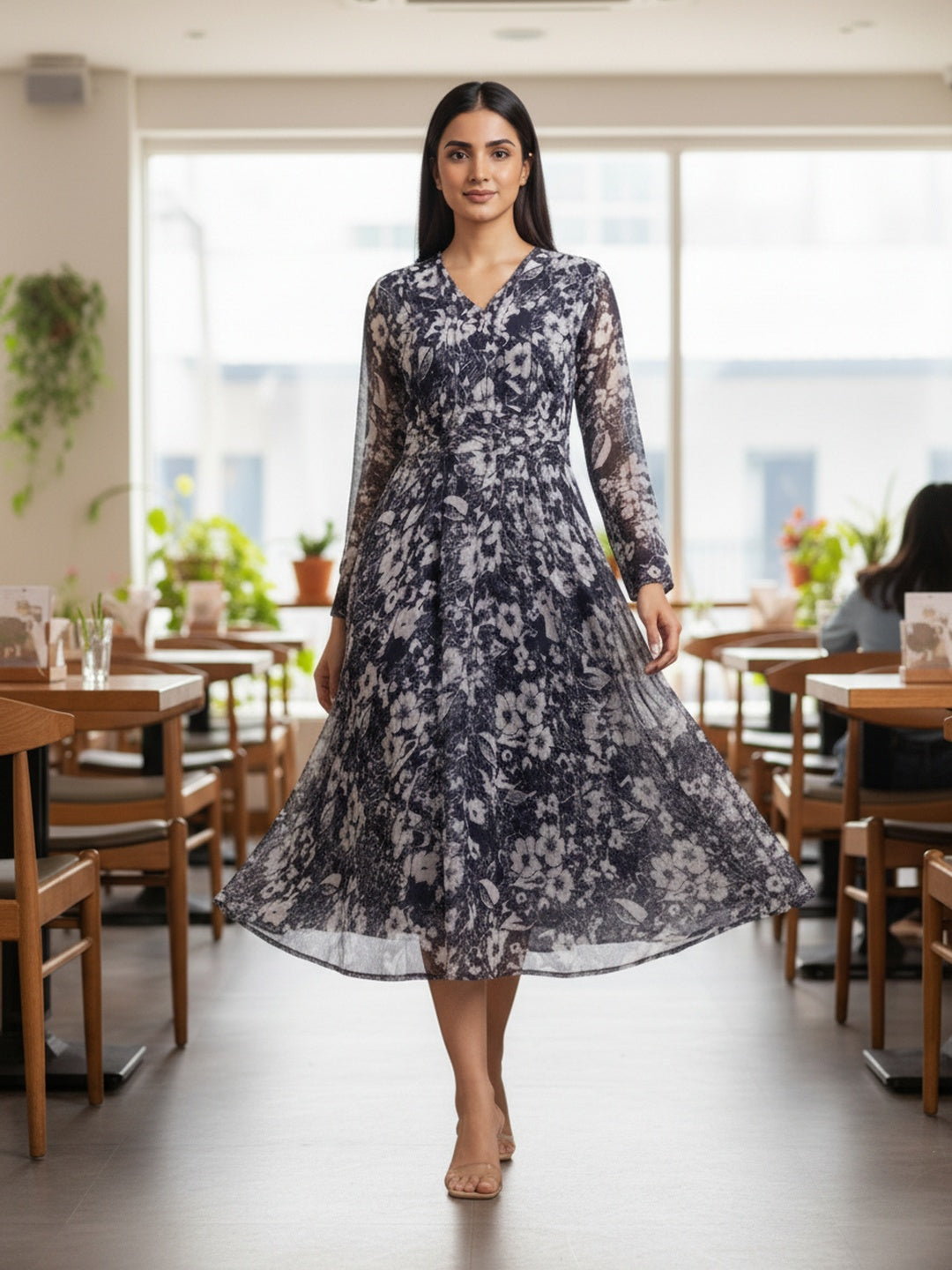 Souchii Midnight Bloom Flared Midi Dress