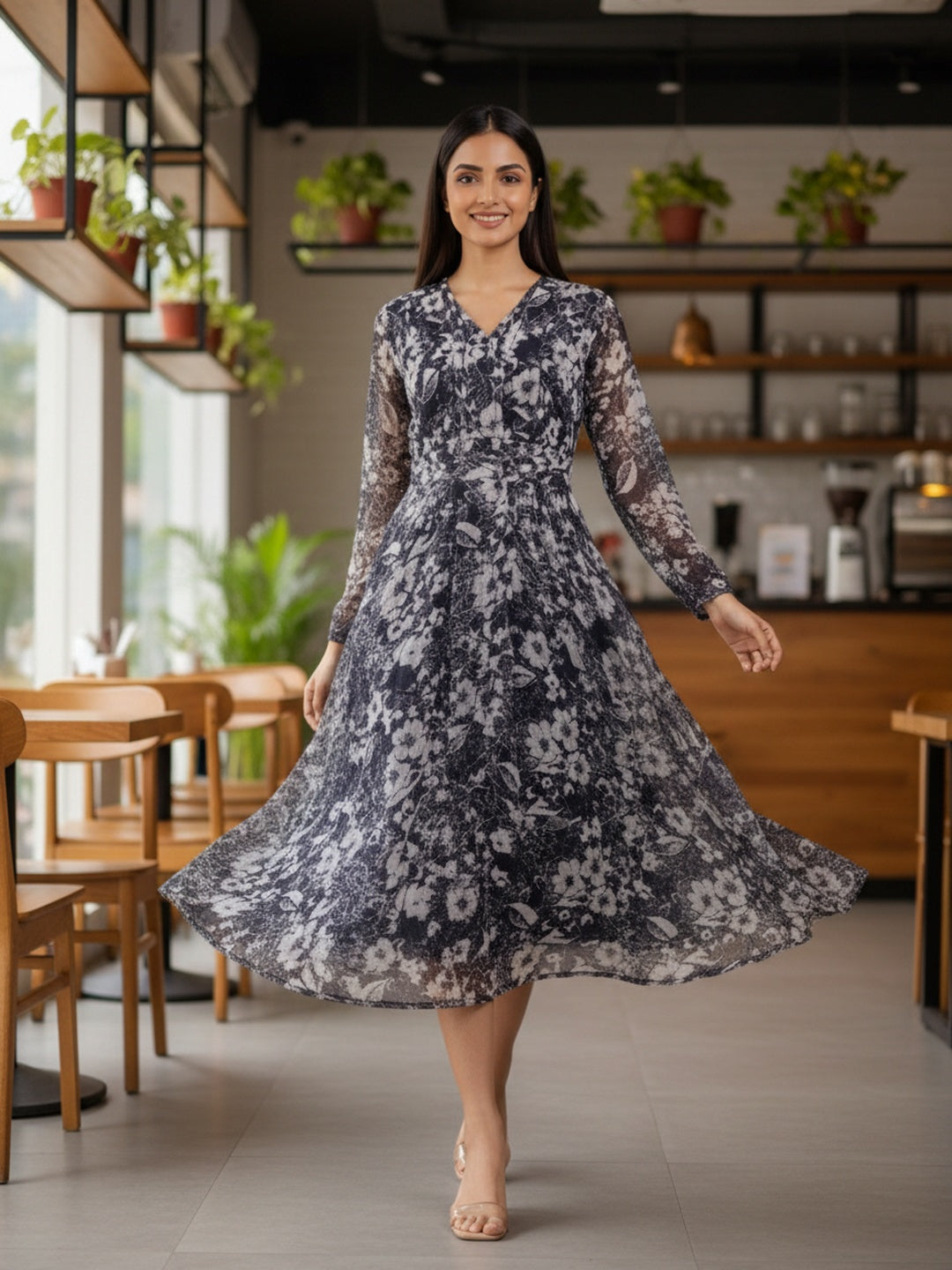 Souchii Midnight Bloom Flared Midi Dress