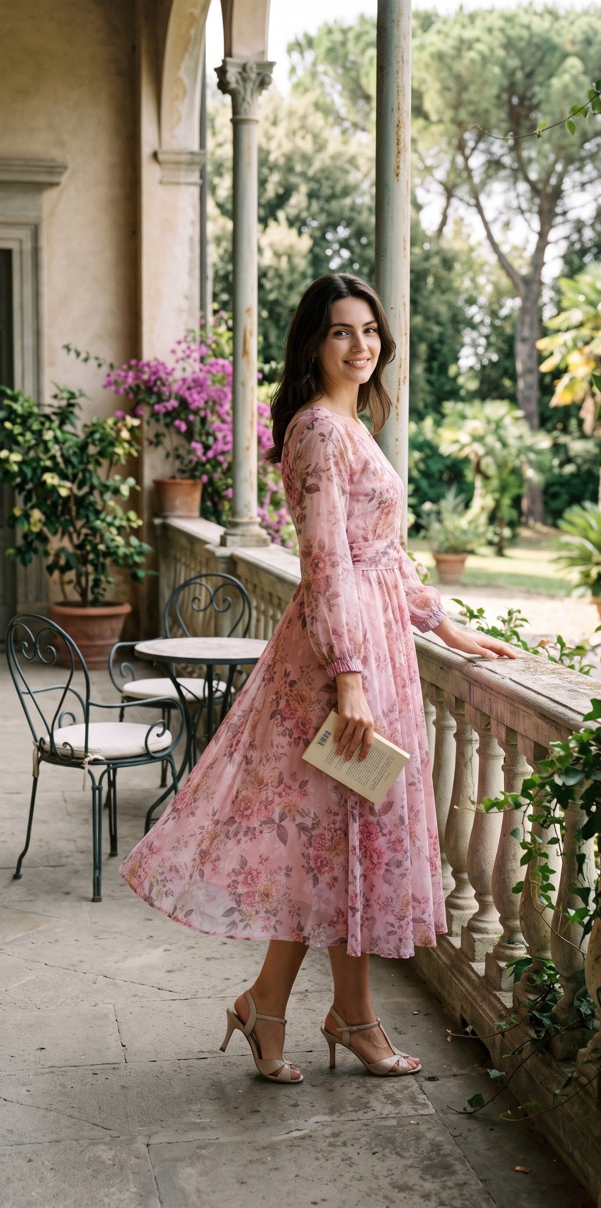 Peach Blush Pink Floral Chiffon Midi Dress with Tie Waist – Souchii