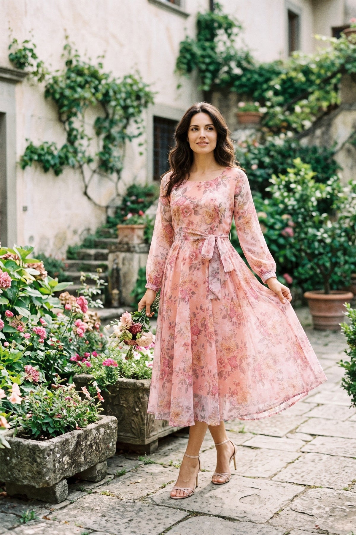 Peach Blush Pink Floral Chiffon Midi Dress with Tie Waist – Souchii