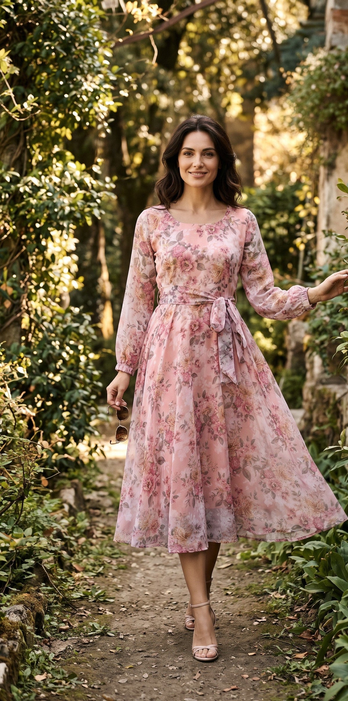 Peach Blush Pink Floral Chiffon Midi Dress with Tie Waist – Souchii