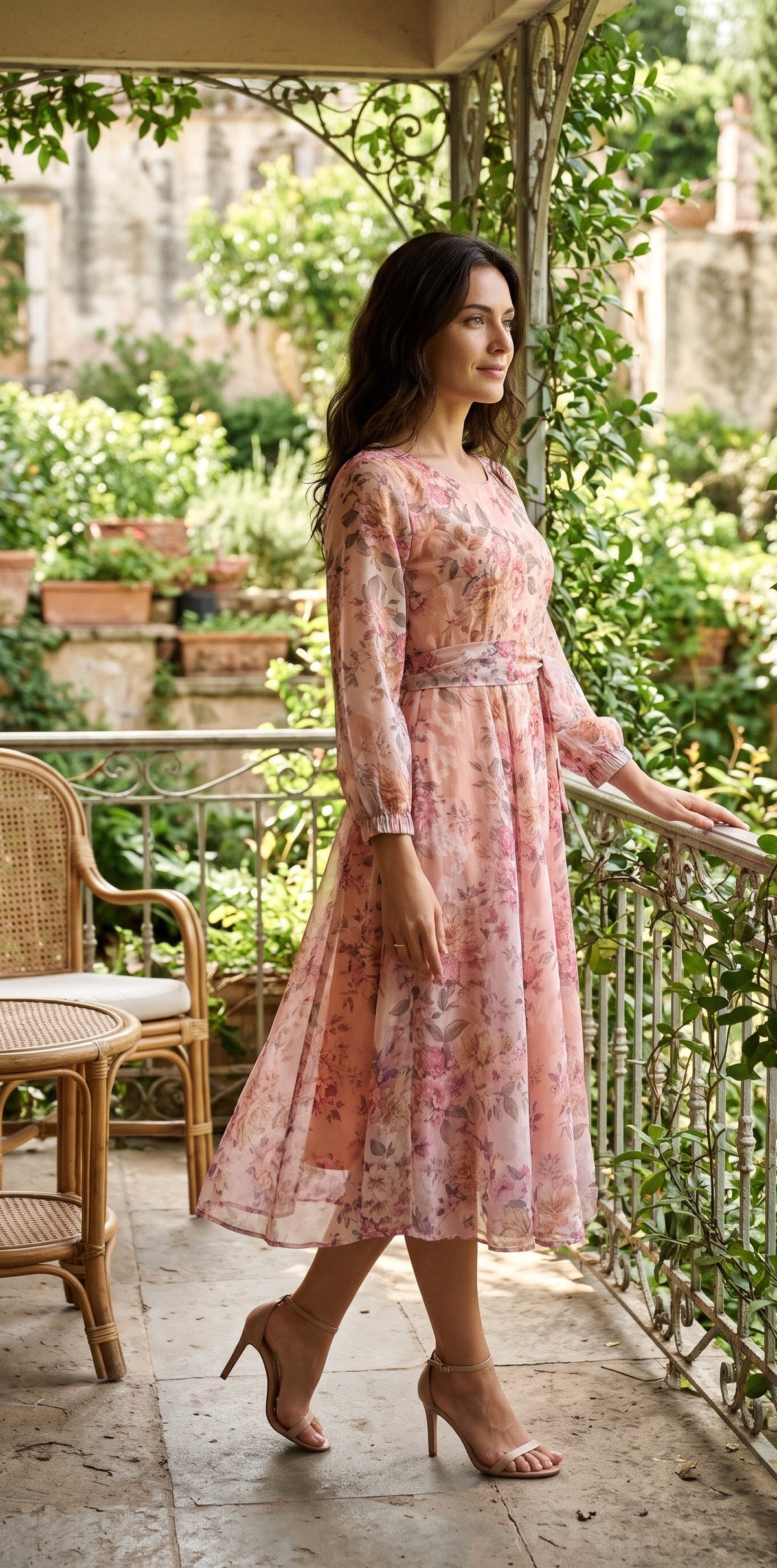 Peach Blush Pink Floral Chiffon Midi Dress with Tie Waist – Souchii