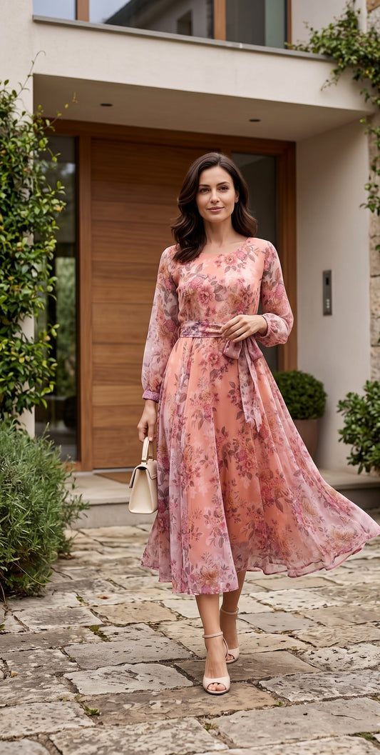 Peach Blush Pink Floral Chiffon Midi Dress with Tie Waist – Souchii
