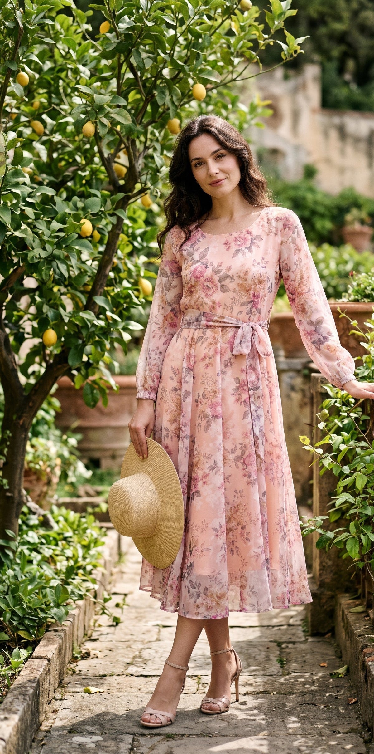 Peach Blush Pink Floral Chiffon Midi Dress with Tie Waist – Souchii
