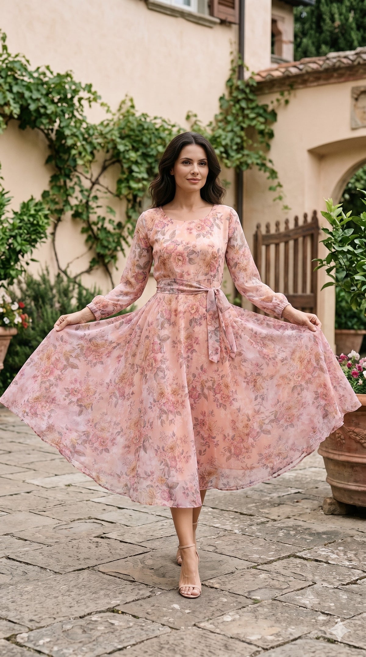 Peach Blush Pink Floral Chiffon Midi Dress with Tie Waist – Souchii