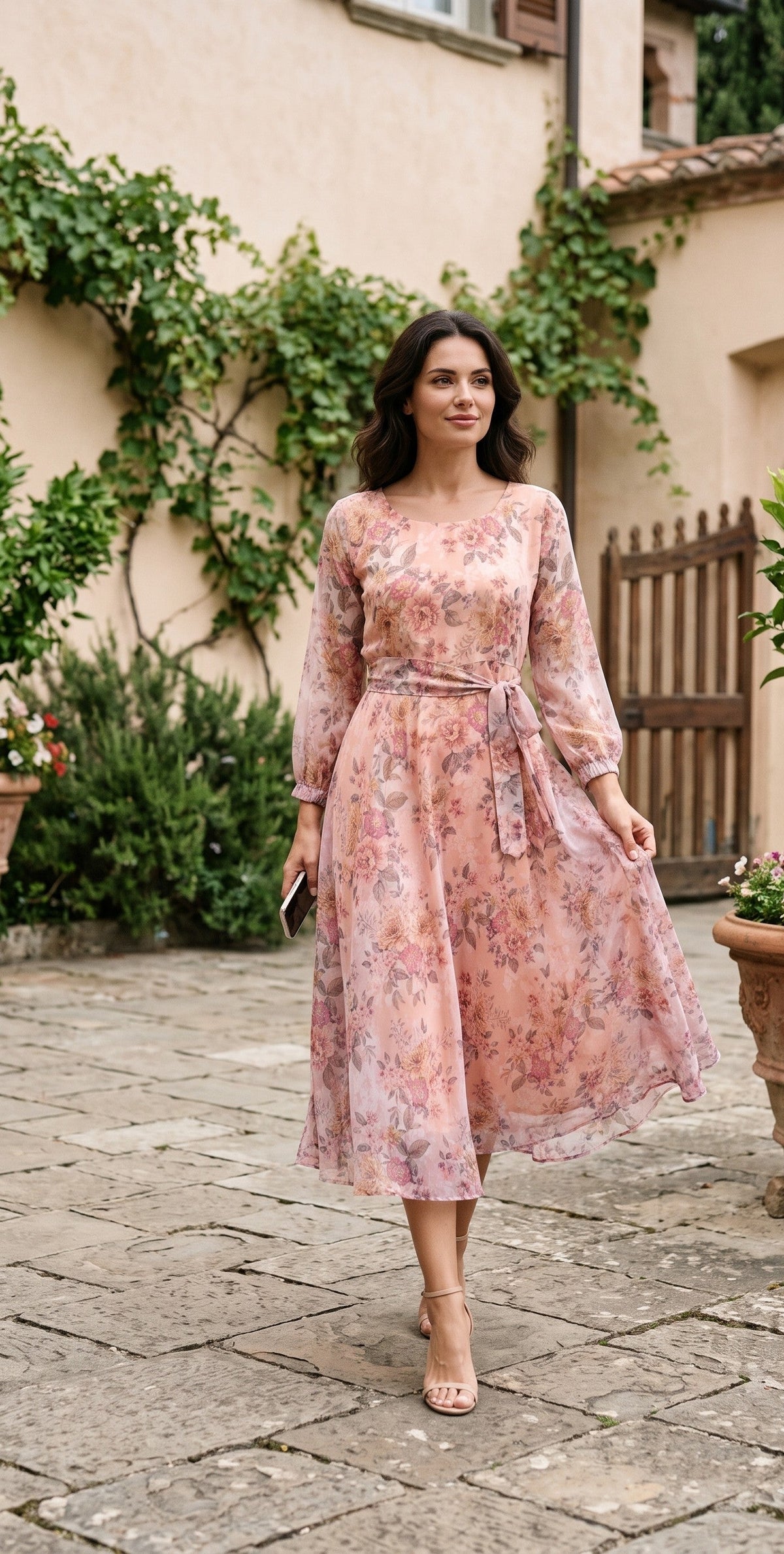 Peach Blush Pink Floral Chiffon Midi Dress with Tie Waist – Souchii